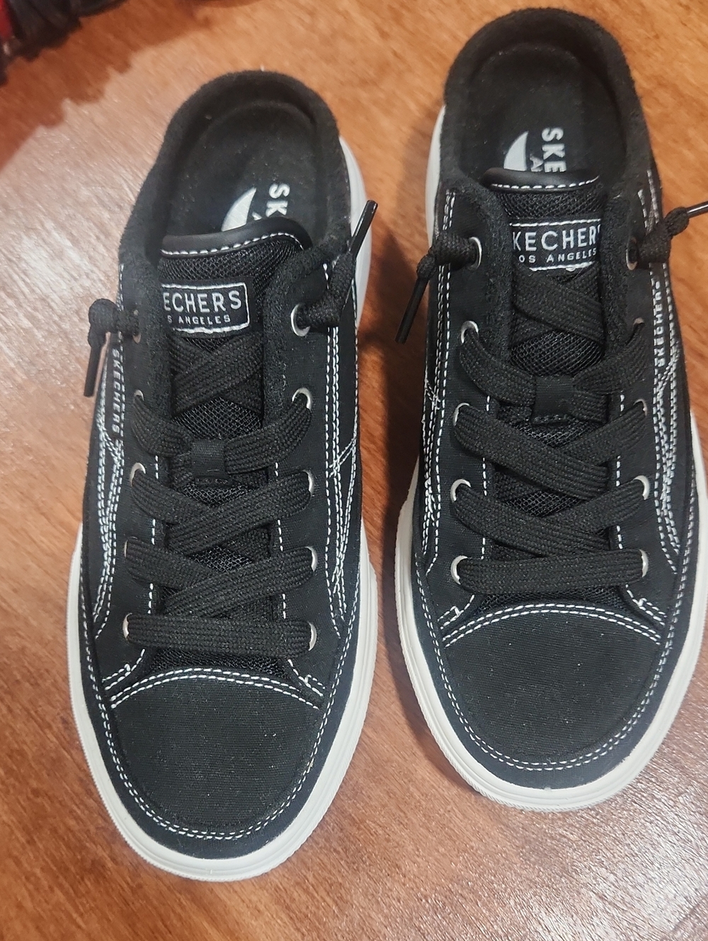 Skechers Black Canvas Lace-Up Slip-On Mules with White Trim